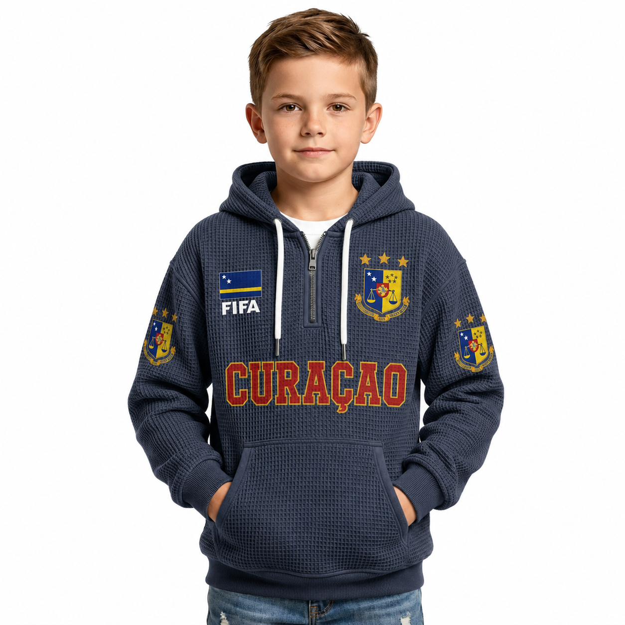 FIFA 2026 Curacao Printed Waffle Quarter Zip Kids Football Fan Hoodie
