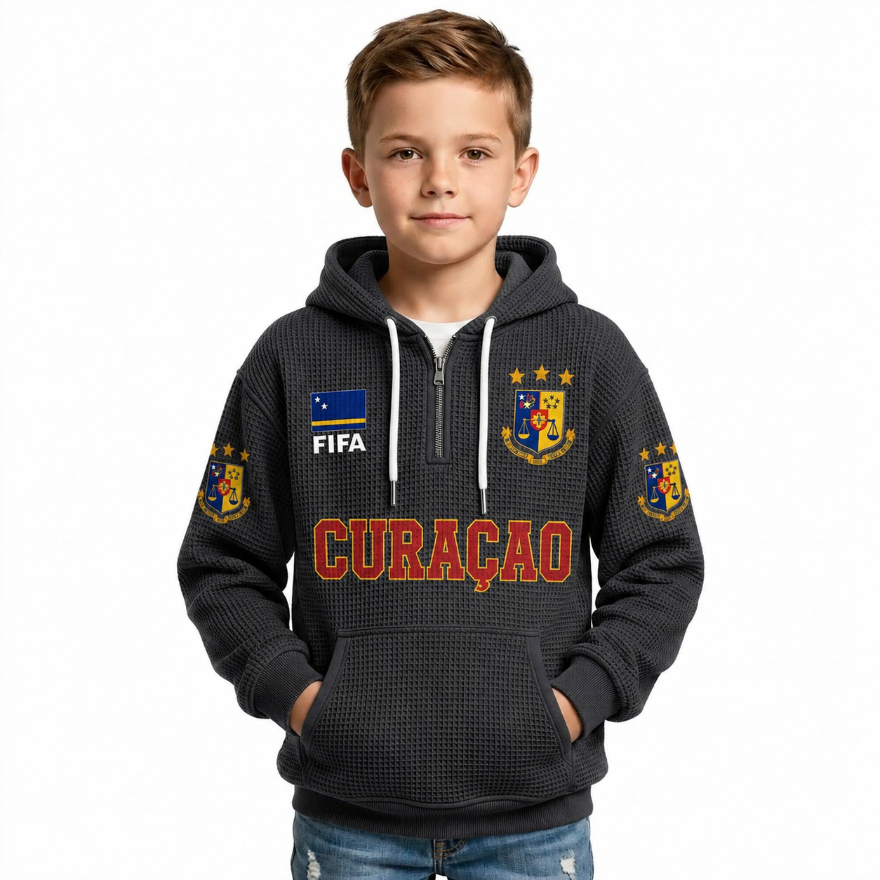 FIFA 2026 Curacao Printed Waffle Quarter Zip Kids Football Fan Hoodie