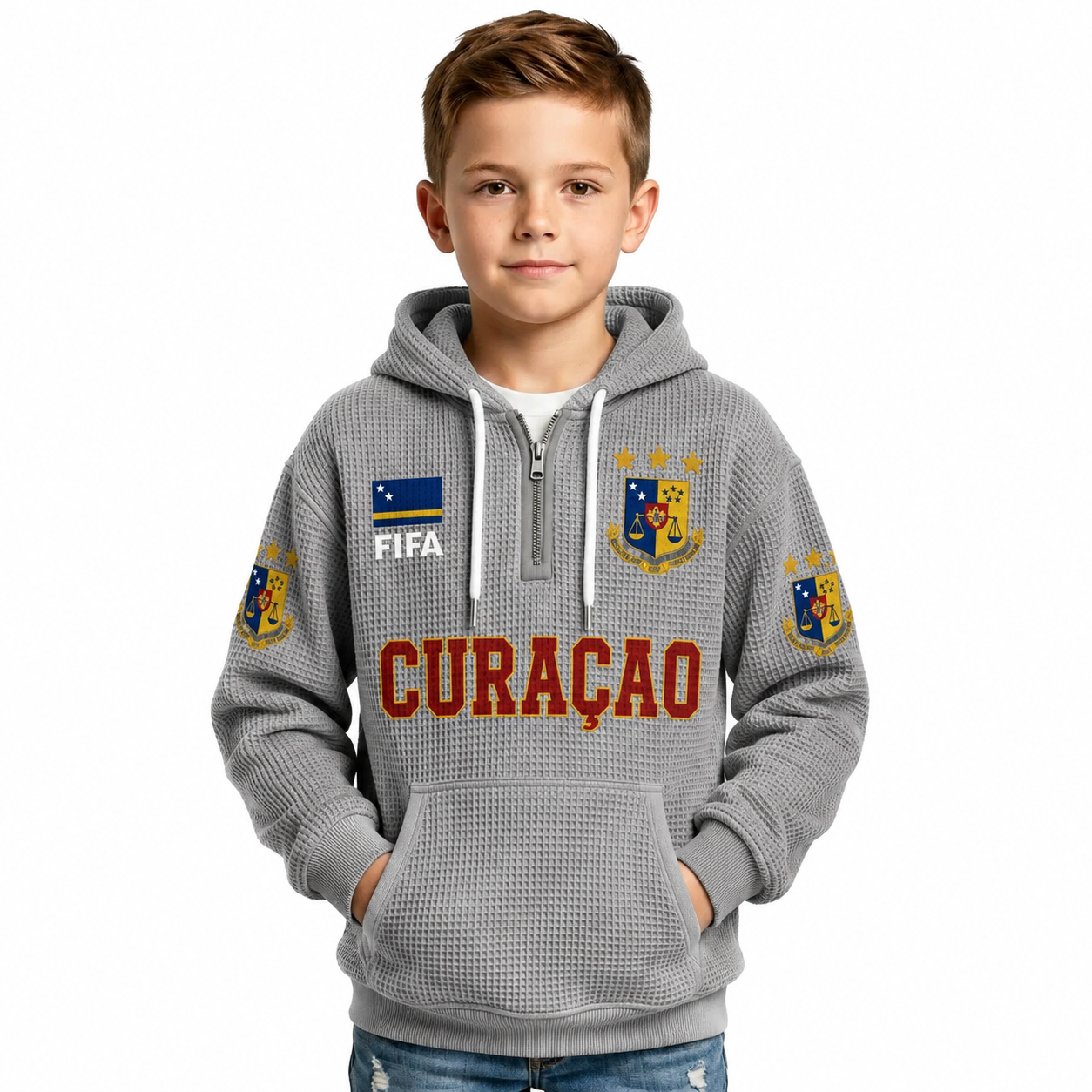 FIFA 2026 Curacao Printed Waffle Quarter Zip Kids Football Fan Hoodie