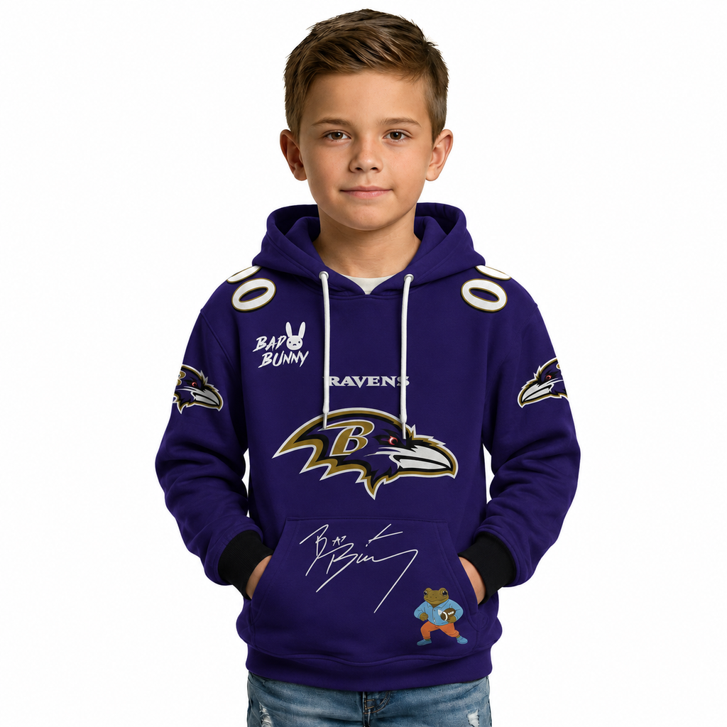 Personalized Bad Bunny Bowl LX Themed Baltimore Ravens Kids Football Fan Hoodie