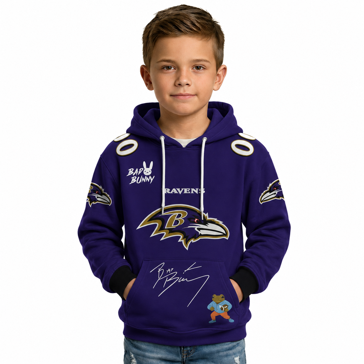 Personalized Bad Bunny Bowl LX Themed Baltimore Ravens Kids Football Fan Hoodie