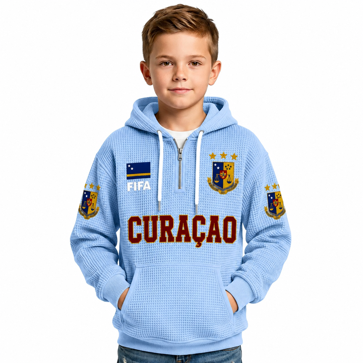 FIFA 2026 Curacao Printed Waffle Quarter Zip Kids Football Fan Hoodie