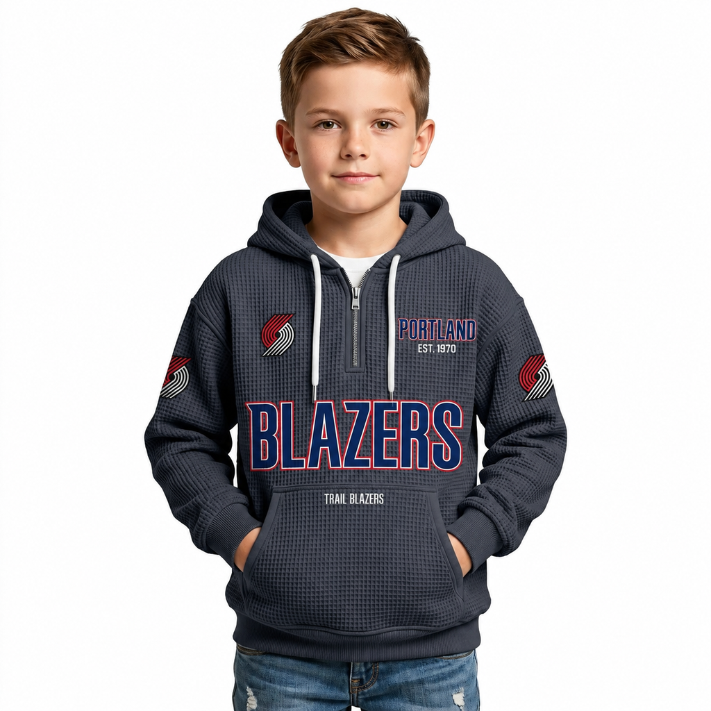Portland Trail Blazers EST 1970 Kids Baseball Fan Printed Waffle Quarter Zip Hoodie
