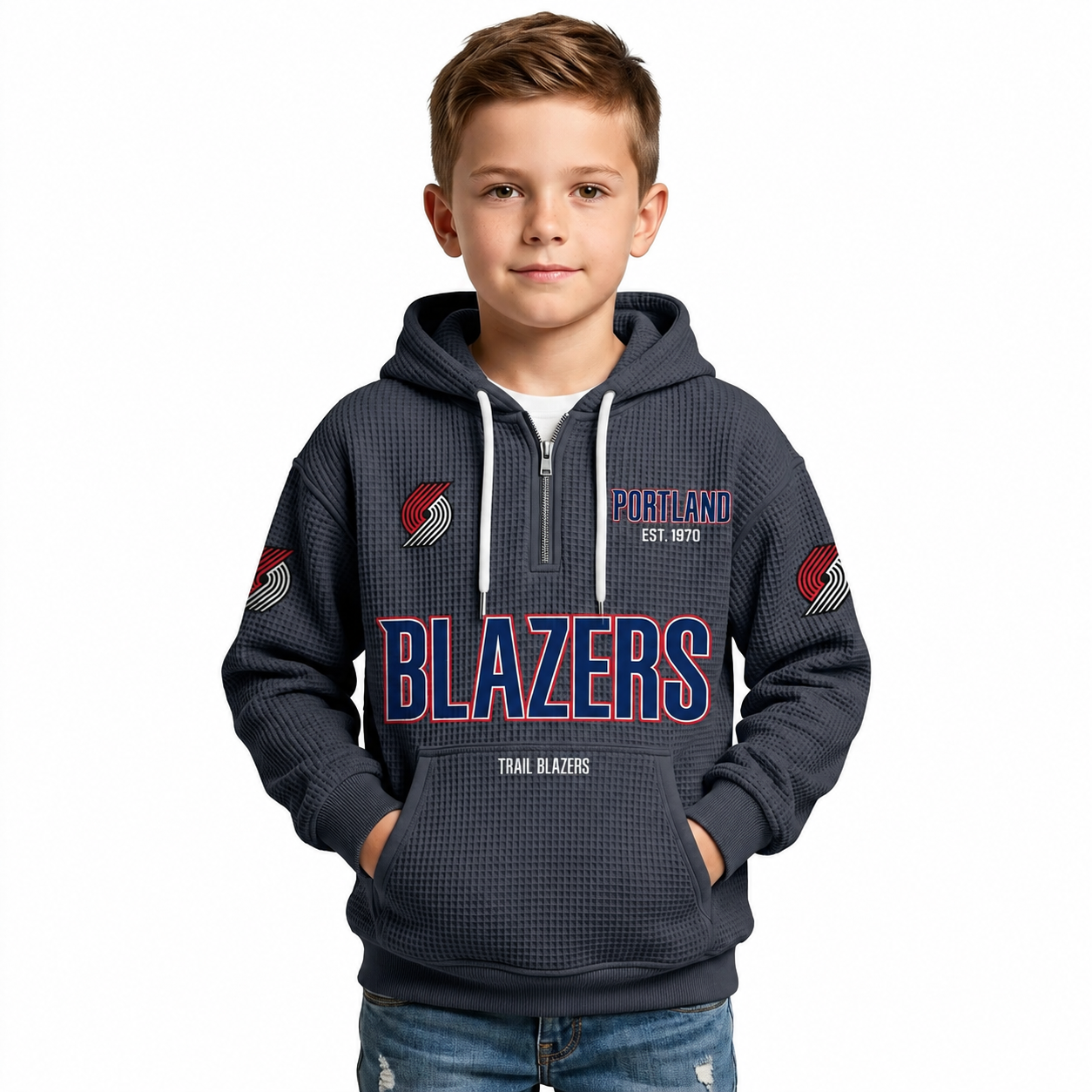 Portland Trail Blazers EST 1970 Kids Baseball Fan Printed Waffle Quarter Zip Hoodie