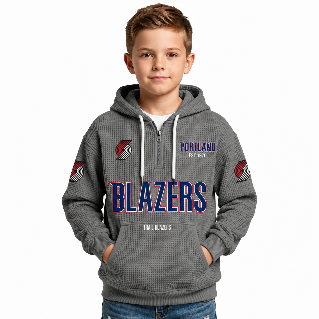 Portland Trail Blazers EST 1970 Kids Baseball Fan Printed Waffle Quarter Zip Hoodie