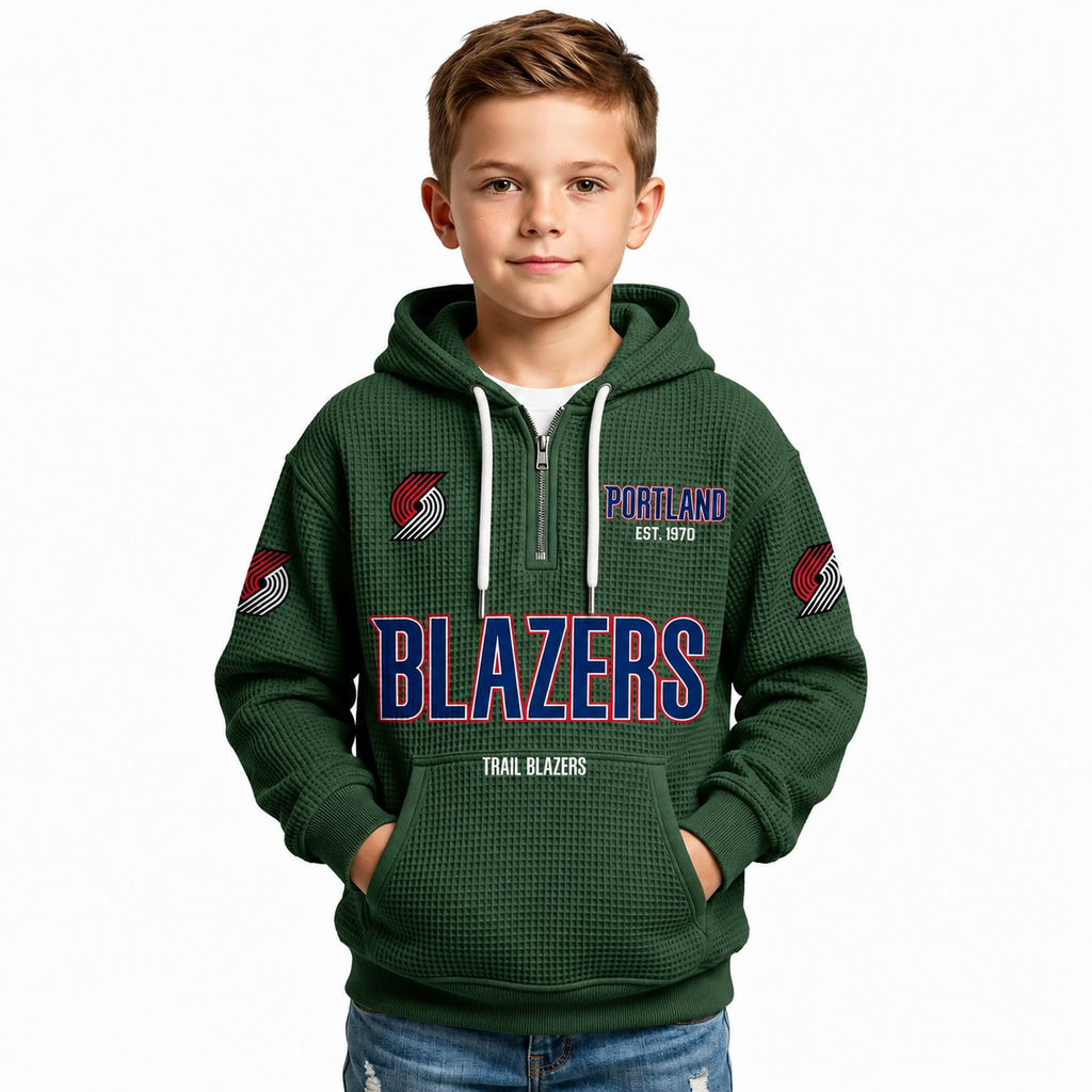 Portland Trail Blazers EST 1970 Kids Baseball Fan Printed Waffle Quarter Zip Hoodie