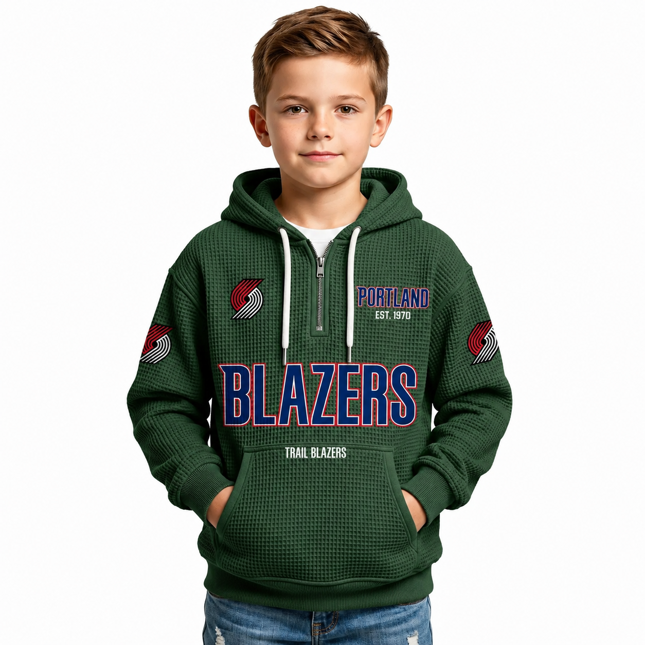 Portland Trail Blazers EST 1970 Kids Baseball Fan Printed Waffle Quarter Zip Hoodie