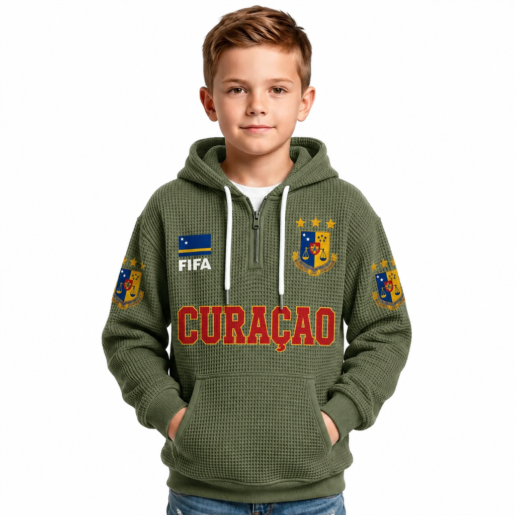 FIFA 2026 Curacao Printed Waffle Quarter Zip Kids Football Fan Hoodie