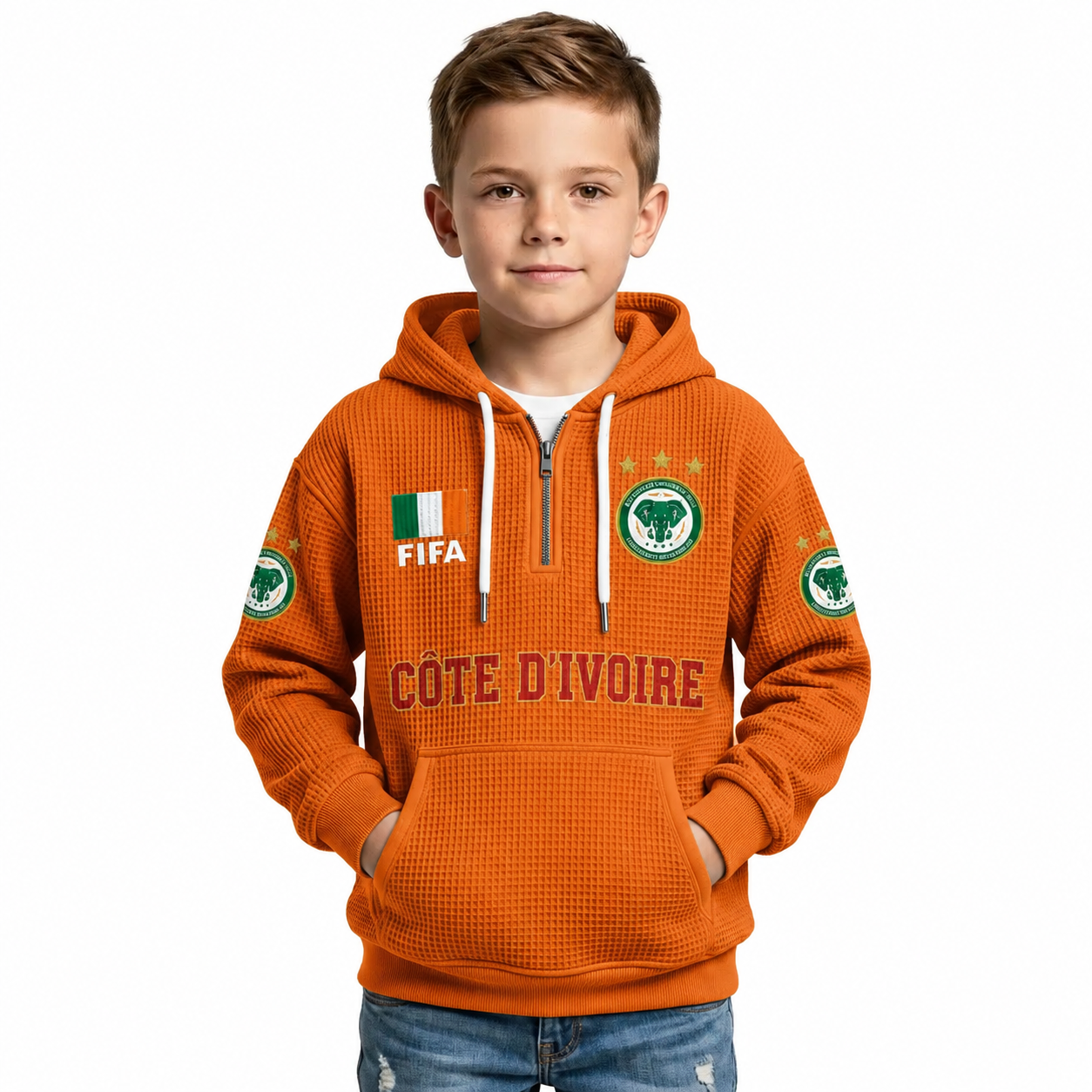 FIFA 2026  Côte d'Ivoire Printed Waffle Quarter Zip Kids Football Fan Hoodie