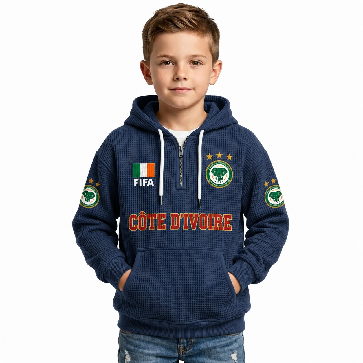 FIFA 2026  Côte d'Ivoire Printed Waffle Quarter Zip Kids Football Fan Hoodie