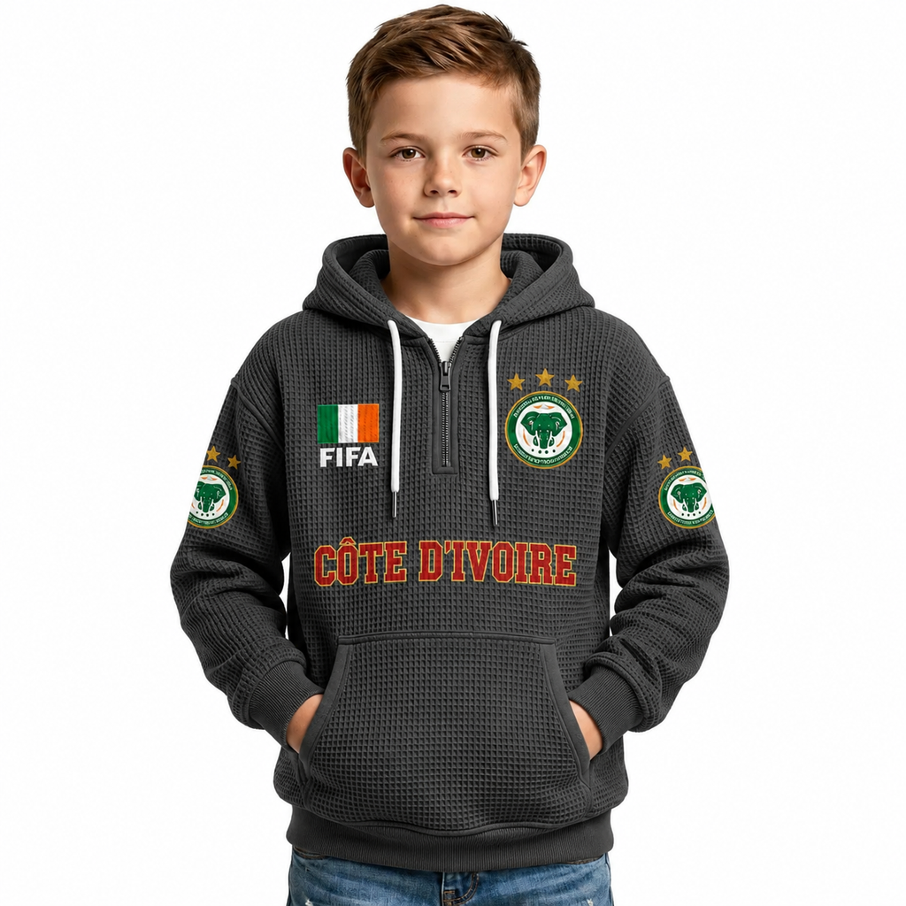 FIFA 2026  Côte d'Ivoire Printed Waffle Quarter Zip Kids Football Fan Hoodie