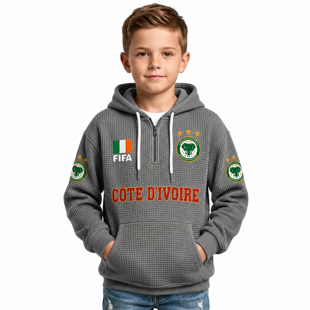FIFA 2026  Côte d'Ivoire Printed Waffle Quarter Zip Kids Football Fan Hoodie