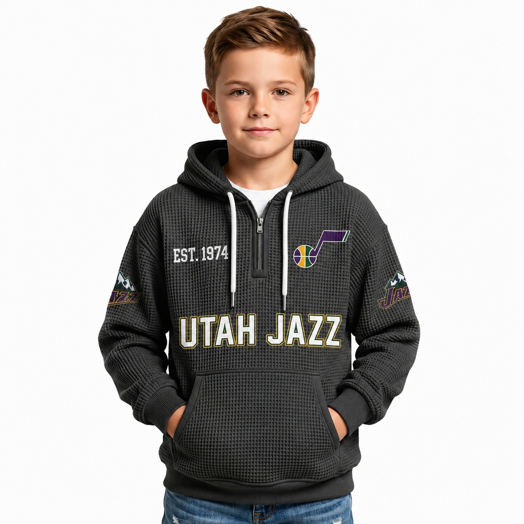 Utah Jazz EST 1974 Kids Baseball Fan Printed Waffle Quarter Zip Hoodie