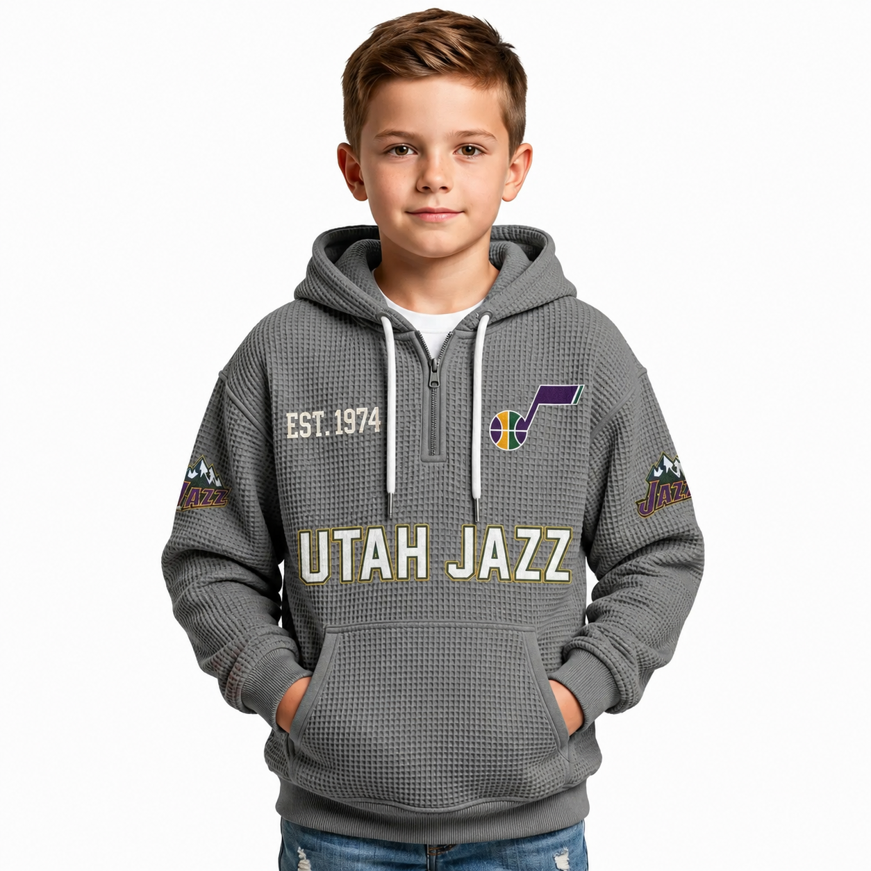 Utah Jazz EST 1974 Kids Baseball Fan Printed Waffle Quarter Zip Hoodie