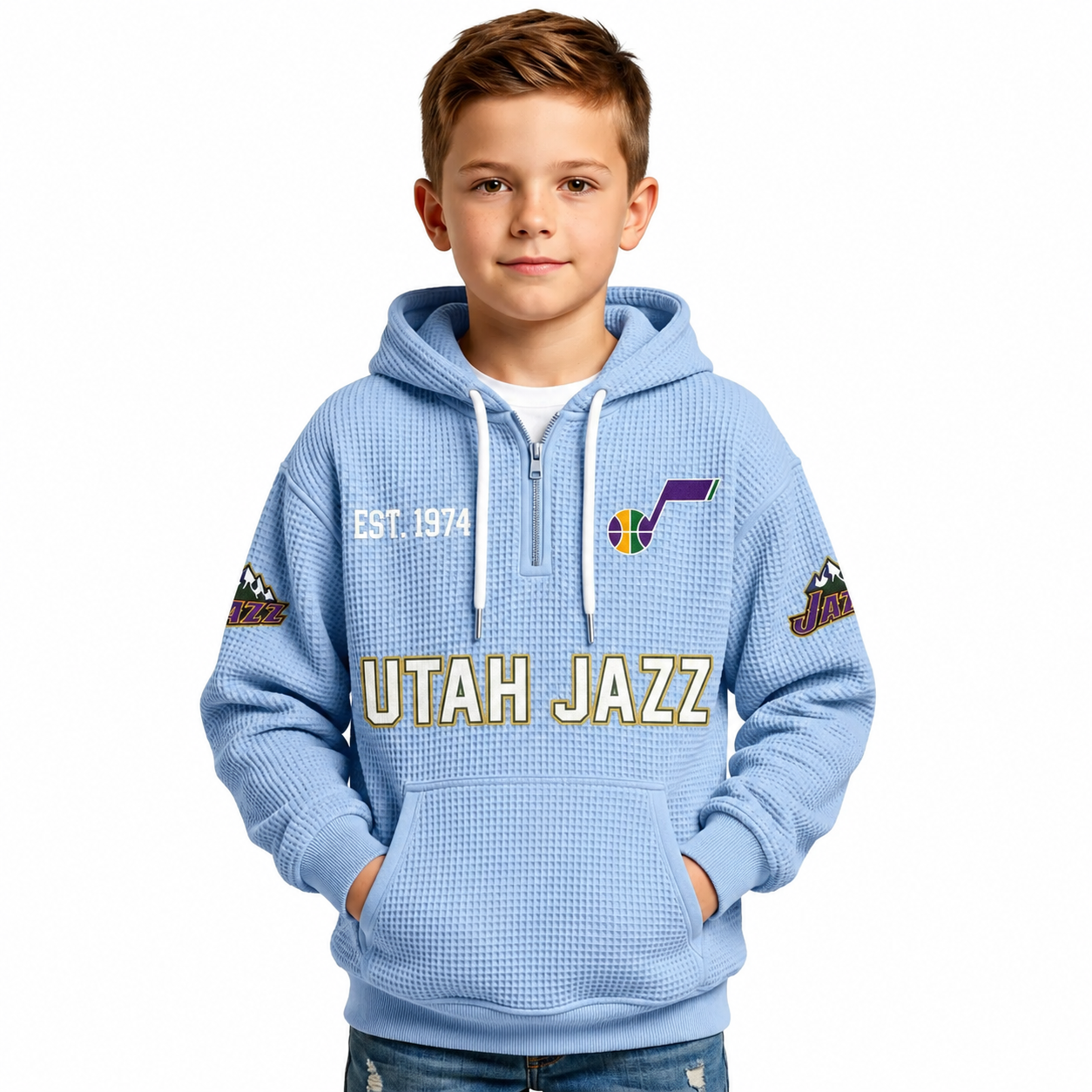Utah Jazz EST 1974 Kids Baseball Fan Printed Waffle Quarter Zip Hoodie