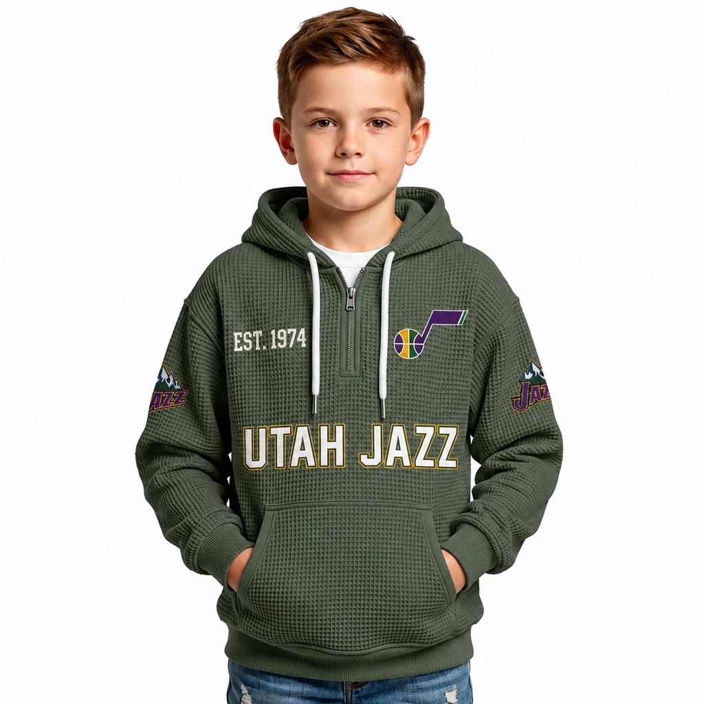 Utah Jazz EST 1974 Kids Baseball Fan Printed Waffle Quarter Zip Hoodie