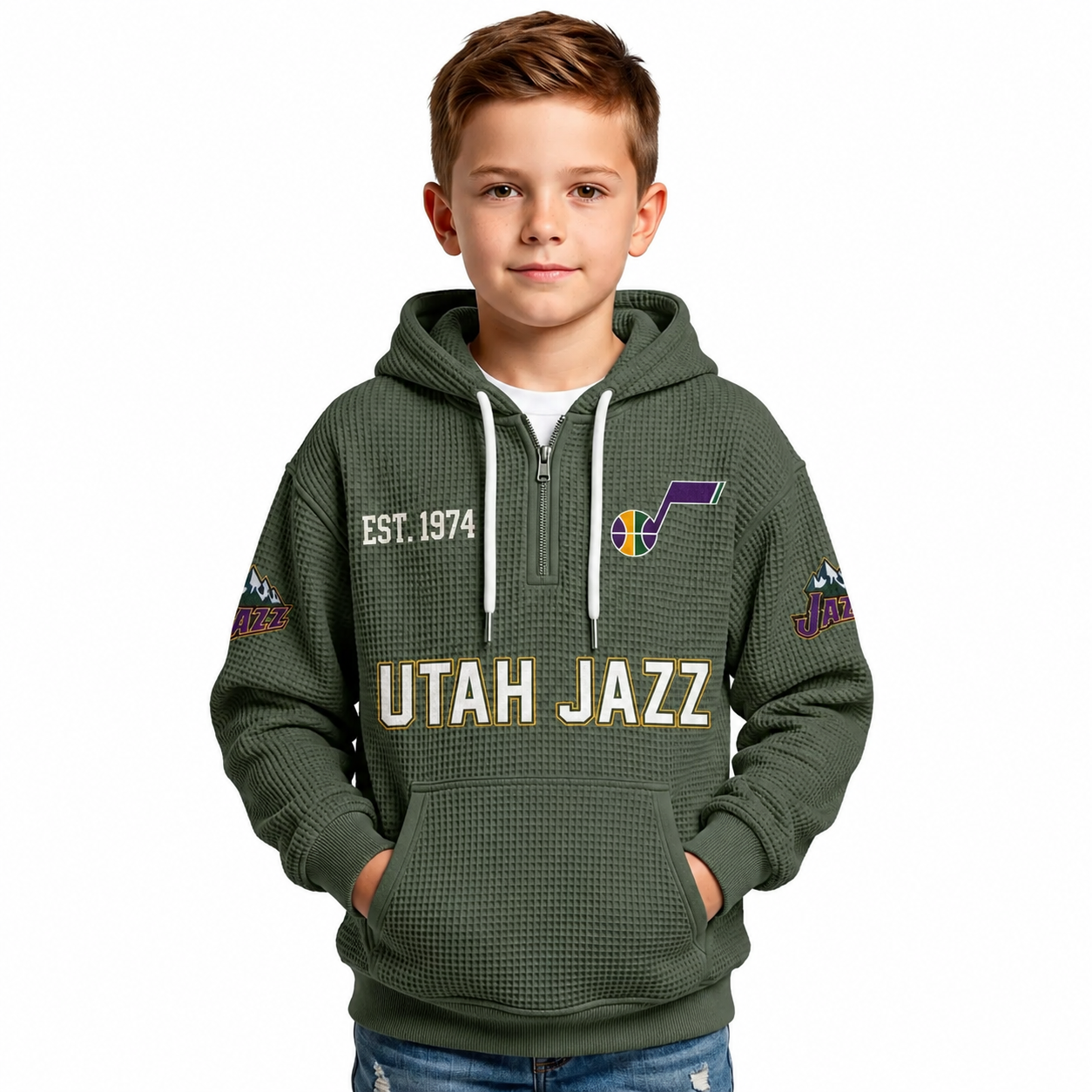 Utah Jazz EST 1974 Kids Baseball Fan Printed Waffle Quarter Zip Hoodie