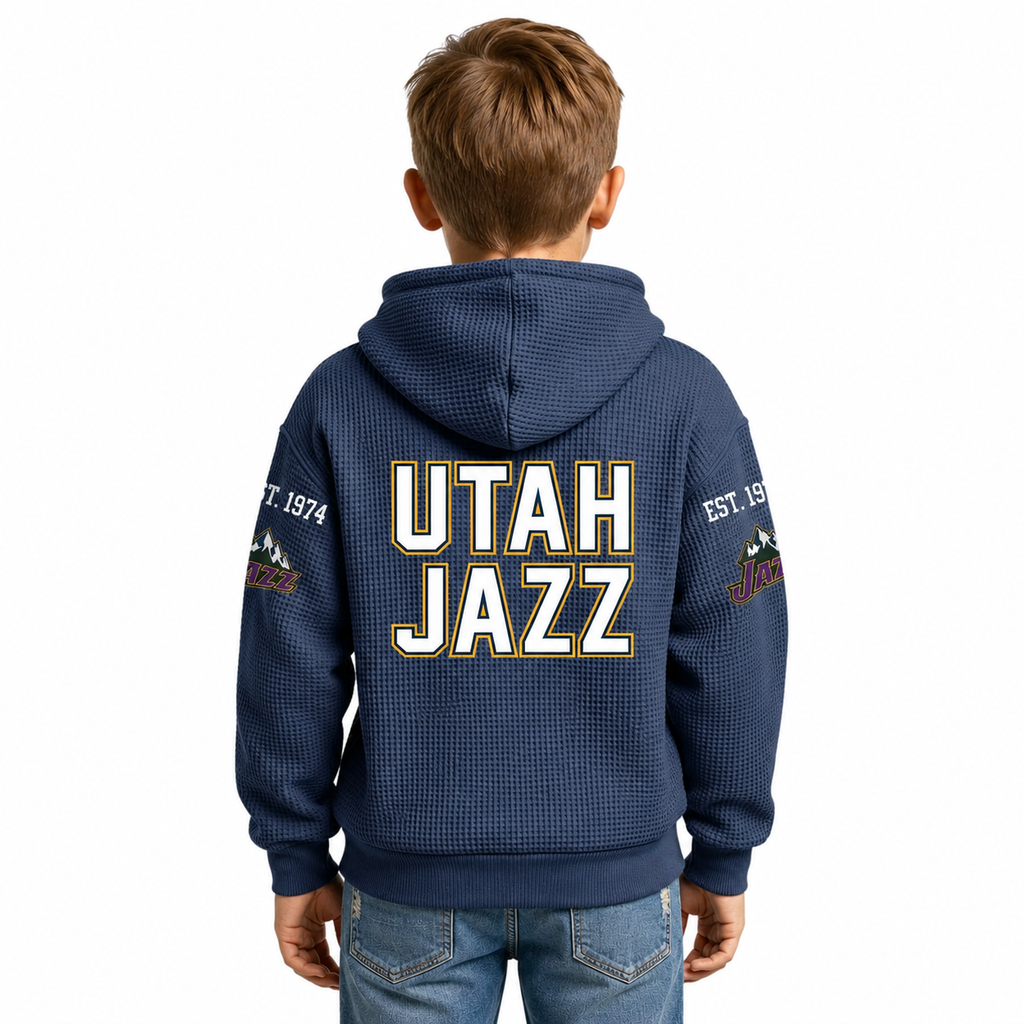 Utah Jazz EST 1974 Kids Baseball Fan Printed Waffle Quarter Zip Hoodie