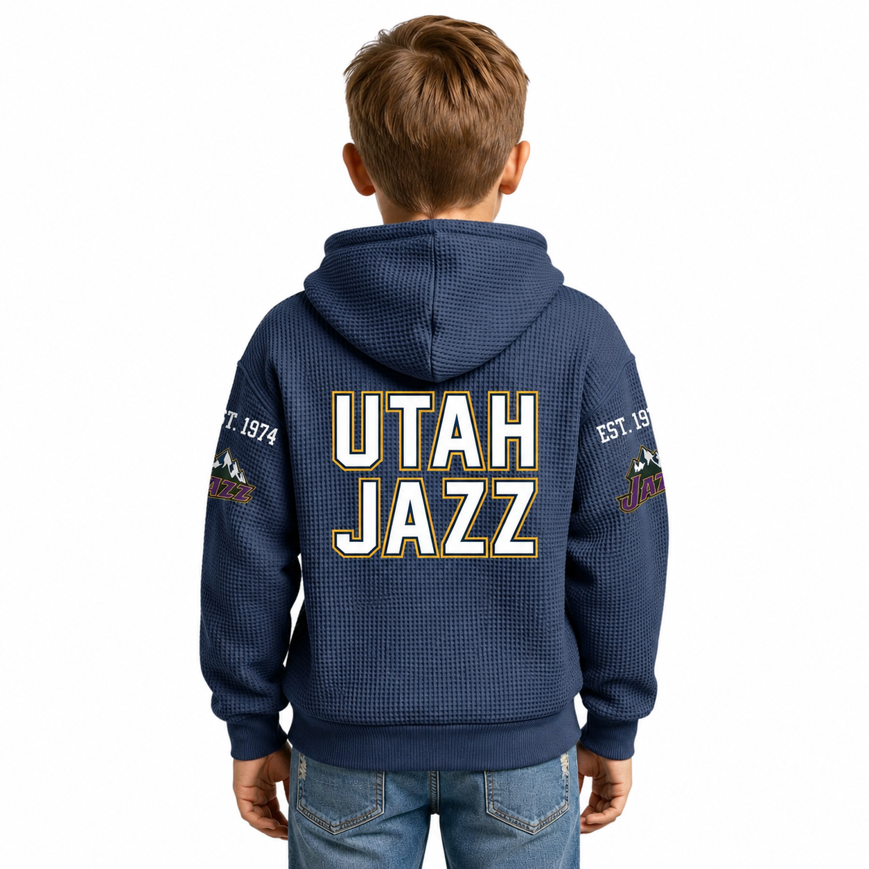 Utah Jazz EST 1974 Kids Baseball Fan Printed Waffle Quarter Zip Hoodie