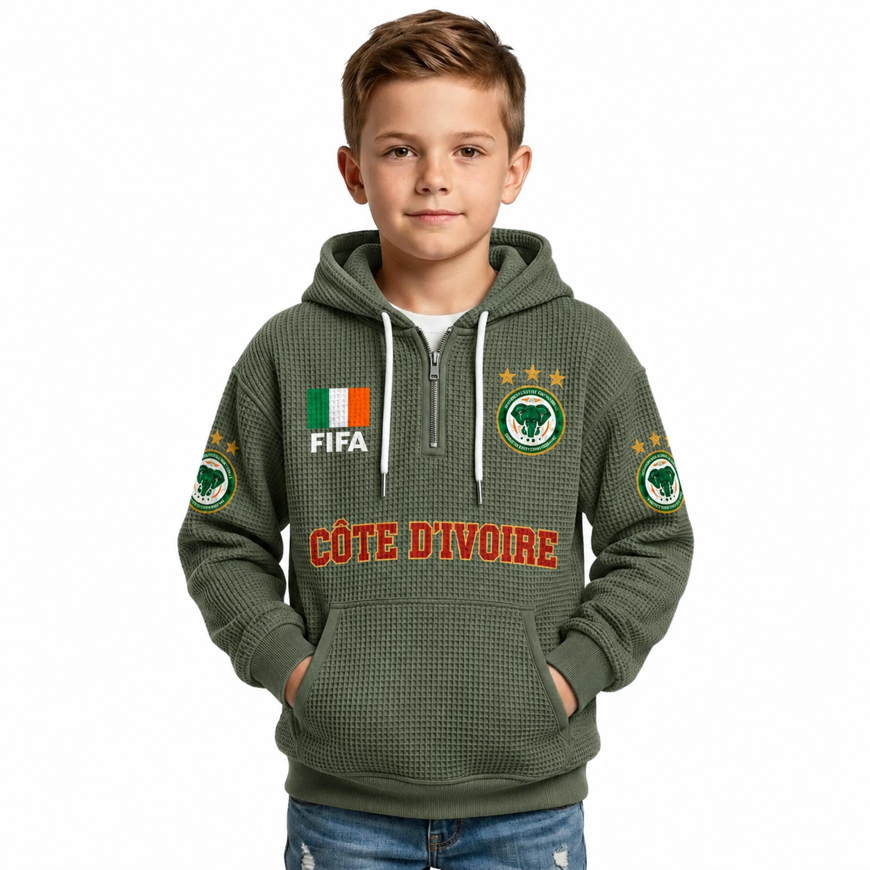 FIFA 2026  Côte d'Ivoire Printed Waffle Quarter Zip Kids Football Fan Hoodie