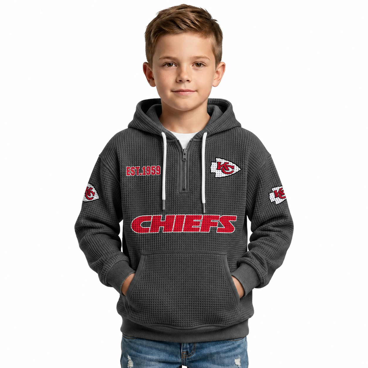 Kansas City Chiefs EST 1959 Printed Waffle Quarter Zip Kids Football Fan Hoodie
