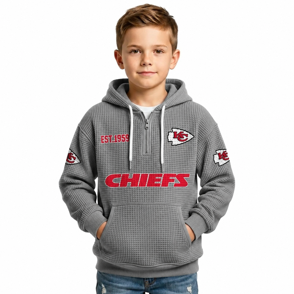 Kansas City Chiefs EST 1959 Printed Waffle Quarter Zip Kids Football Fan Hoodie