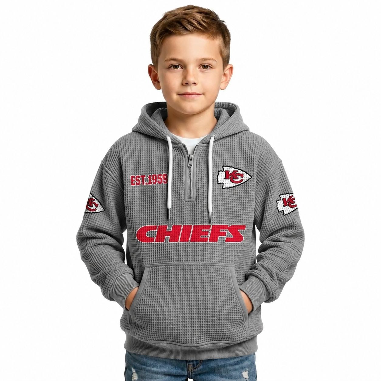 Kansas City Chiefs EST 1959 Printed Waffle Quarter Zip Kids Football Fan Hoodie