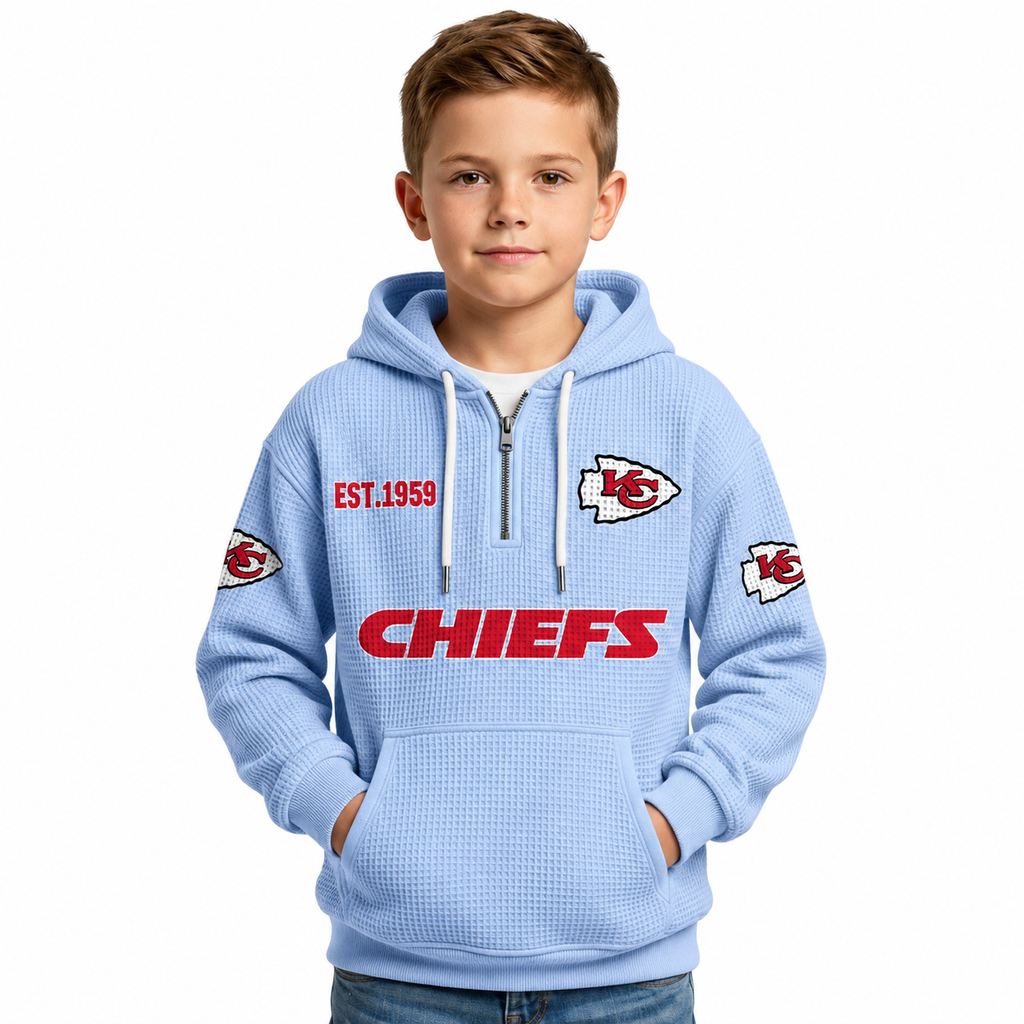 Kansas City Chiefs EST 1959 Printed Waffle Quarter Zip Kids Football Fan Hoodie