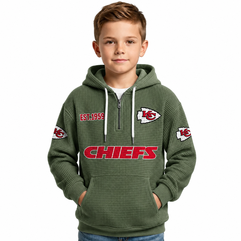 Kansas City Chiefs EST 1959 Printed Waffle Quarter Zip Kids Football Fan Hoodie