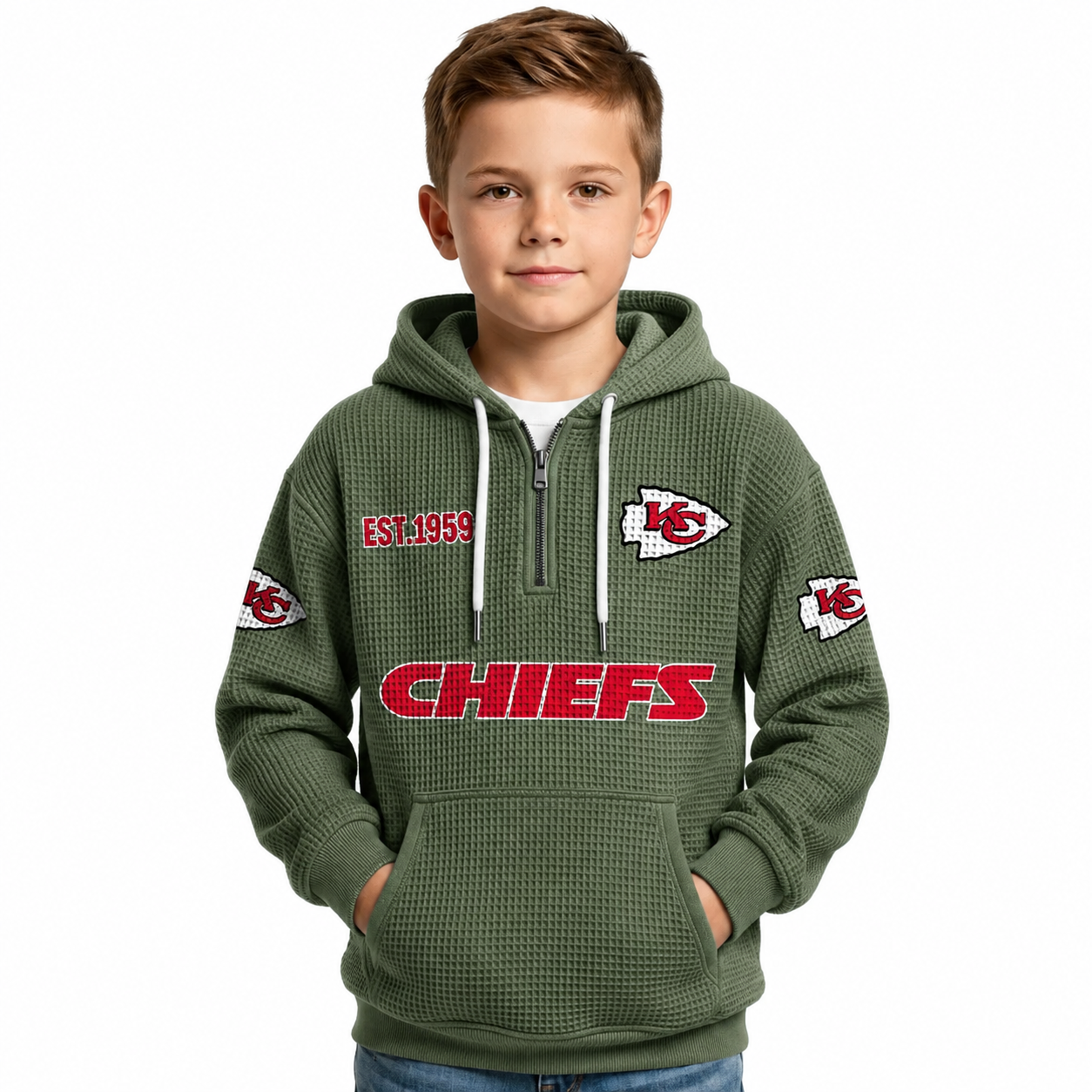 Kansas City Chiefs EST 1959 Printed Waffle Quarter Zip Kids Football Fan Hoodie