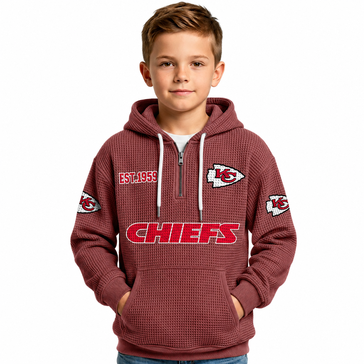 Kansas City Chiefs EST 1959 Printed Waffle Quarter Zip Kids Football Fan Hoodie