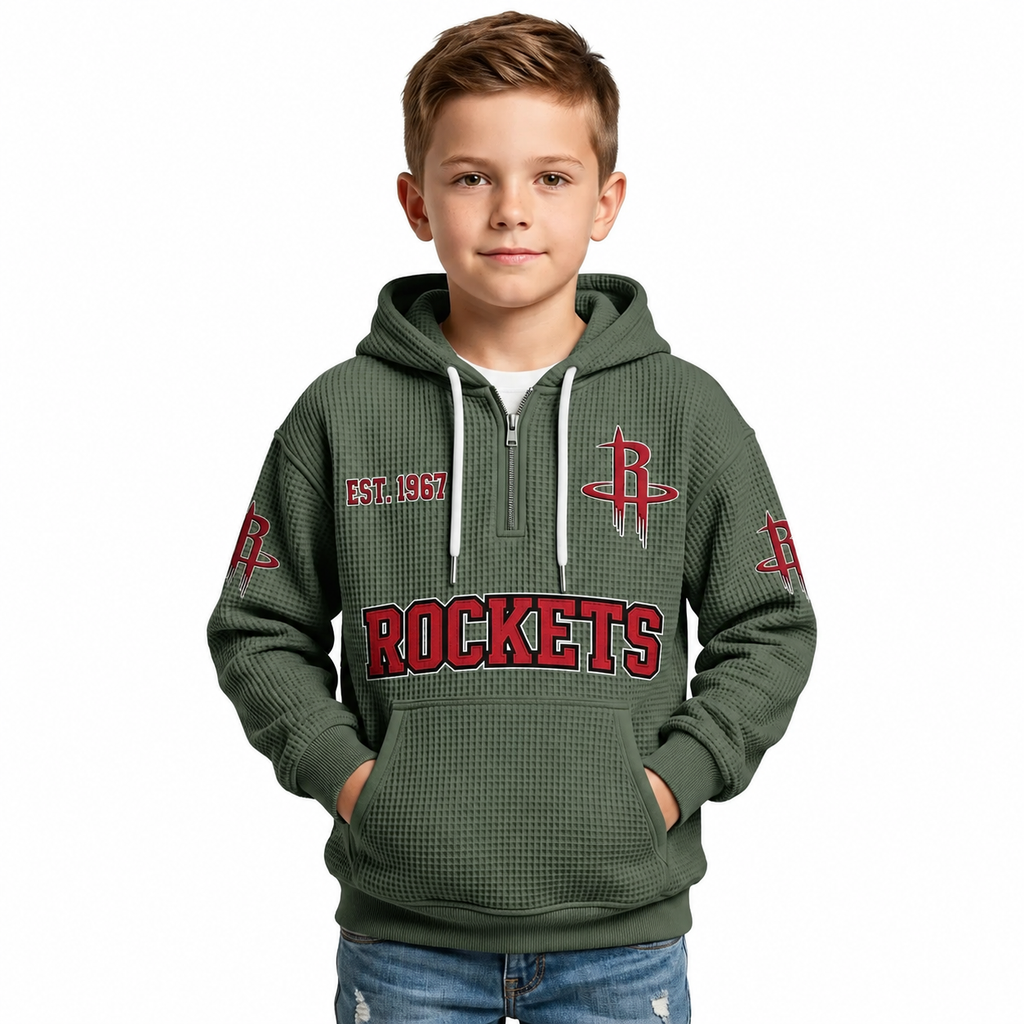 Houston Rockets EST 1967 Kids Baseball Fan Printed Waffle Quarter Zip Hoodie