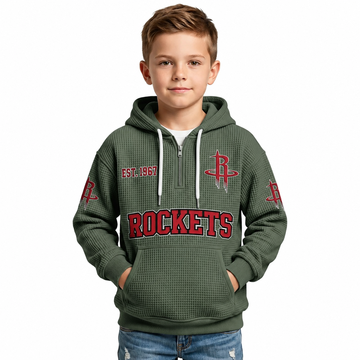Houston Rockets EST 1967 Kids Baseball Fan Printed Waffle Quarter Zip Hoodie