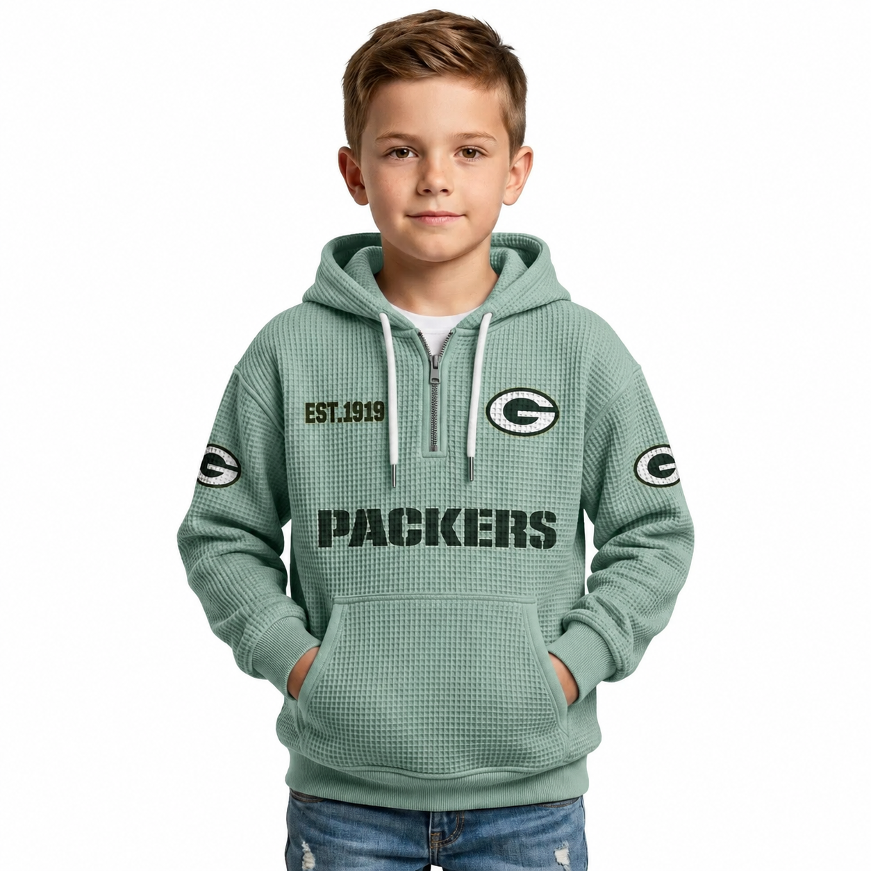 Green Bay Packers Football Themed Quarter Zip Kids Hoodie