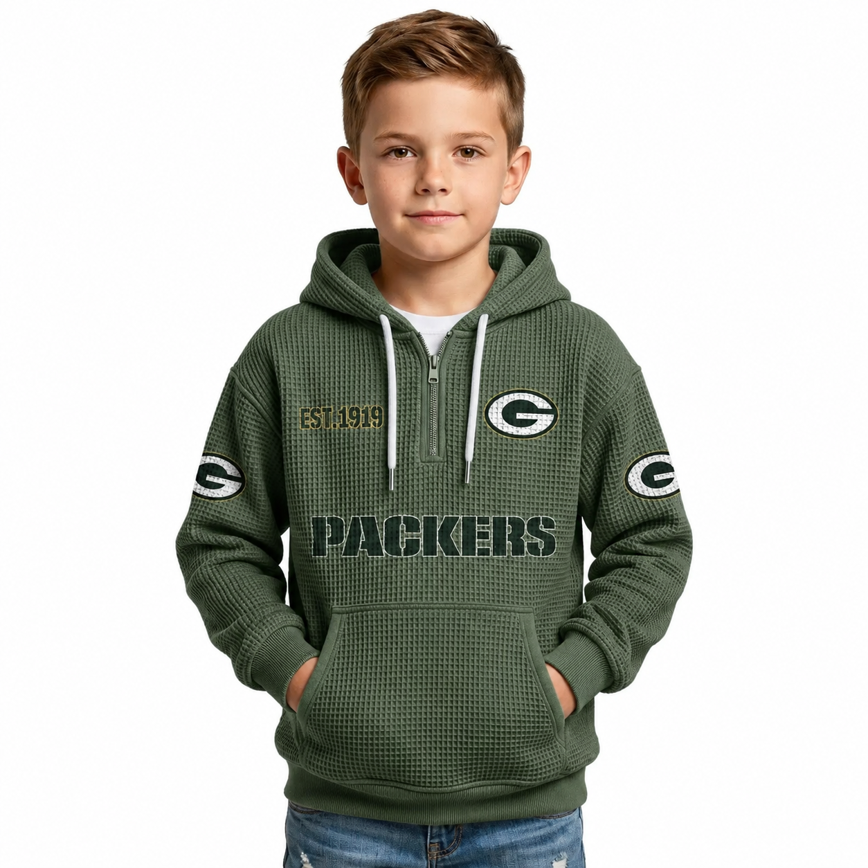 Green Bay Packers Football Themed Quarter Zip Kids Hoodie
