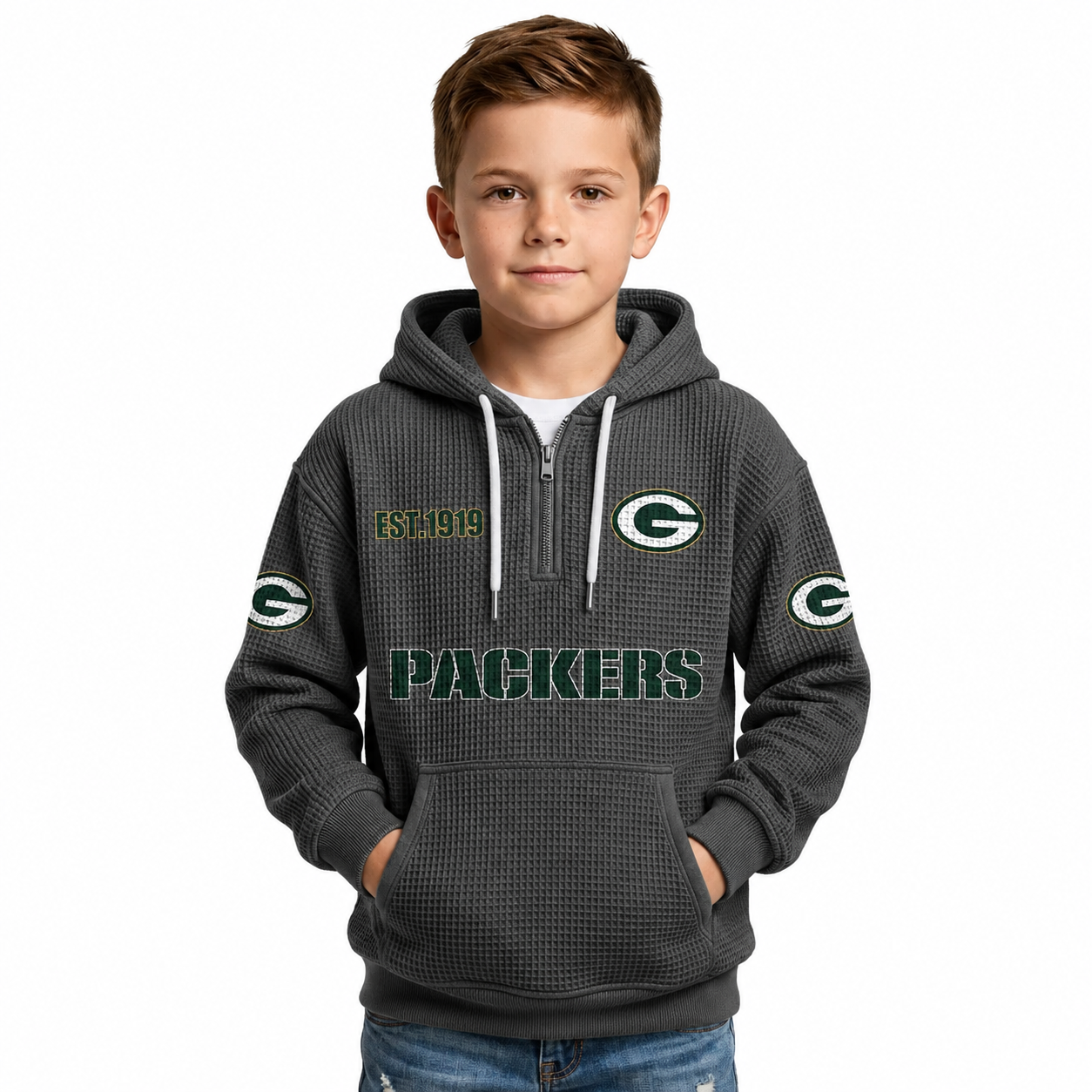 Green Bay Packers Football Themed Quarter Zip Kids Hoodie