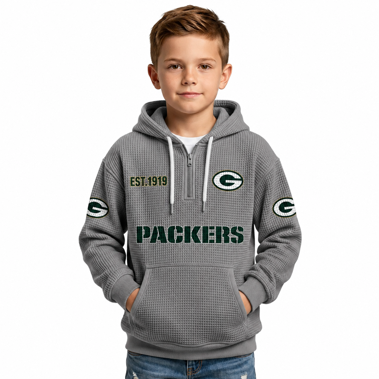 Green Bay Packers Football Themed Quarter Zip Kids Hoodie