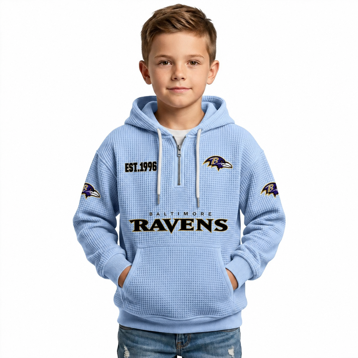 Baltimore Ravens EST 1996 Printed Quarter Zip Waffle Kids Football Fan Hoodie