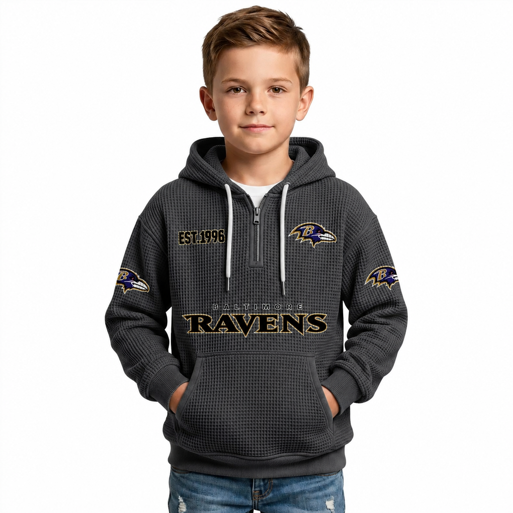Baltimore Ravens EST 1996 Printed Quarter Zip Waffle Kids Football Fan Hoodie