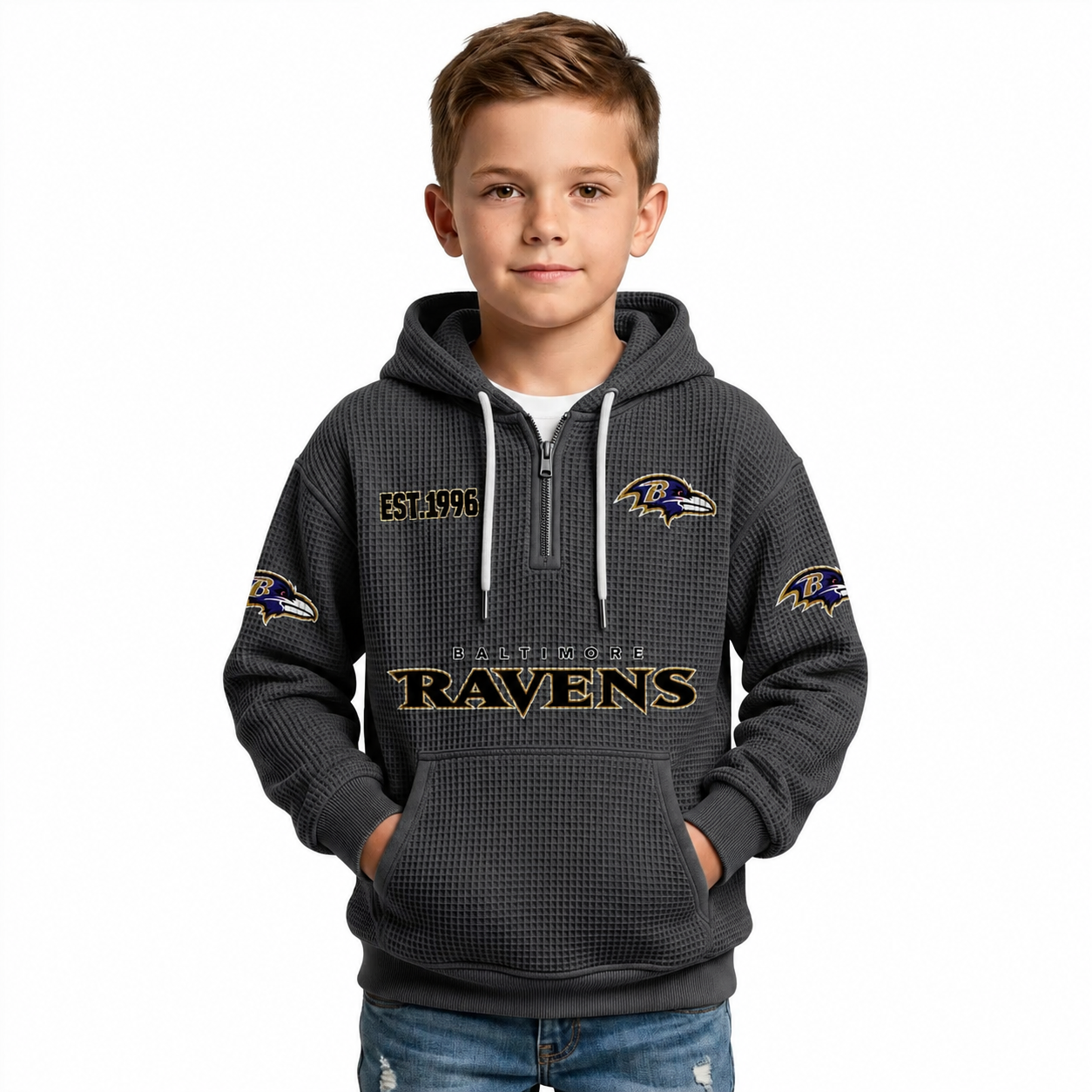 Baltimore Ravens EST 1996 Printed Quarter Zip Waffle Kids Football Fan Hoodie