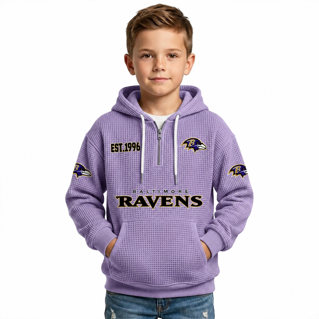 Baltimore Ravens EST 1996 Printed Quarter Zip Waffle Kids Football Fan Hoodie