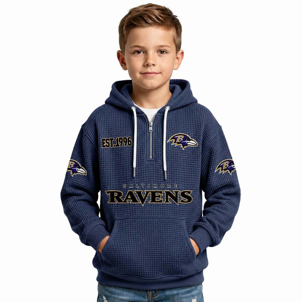 Baltimore Ravens EST 1996 Printed Quarter Zip Waffle Kids Football Fan Hoodie