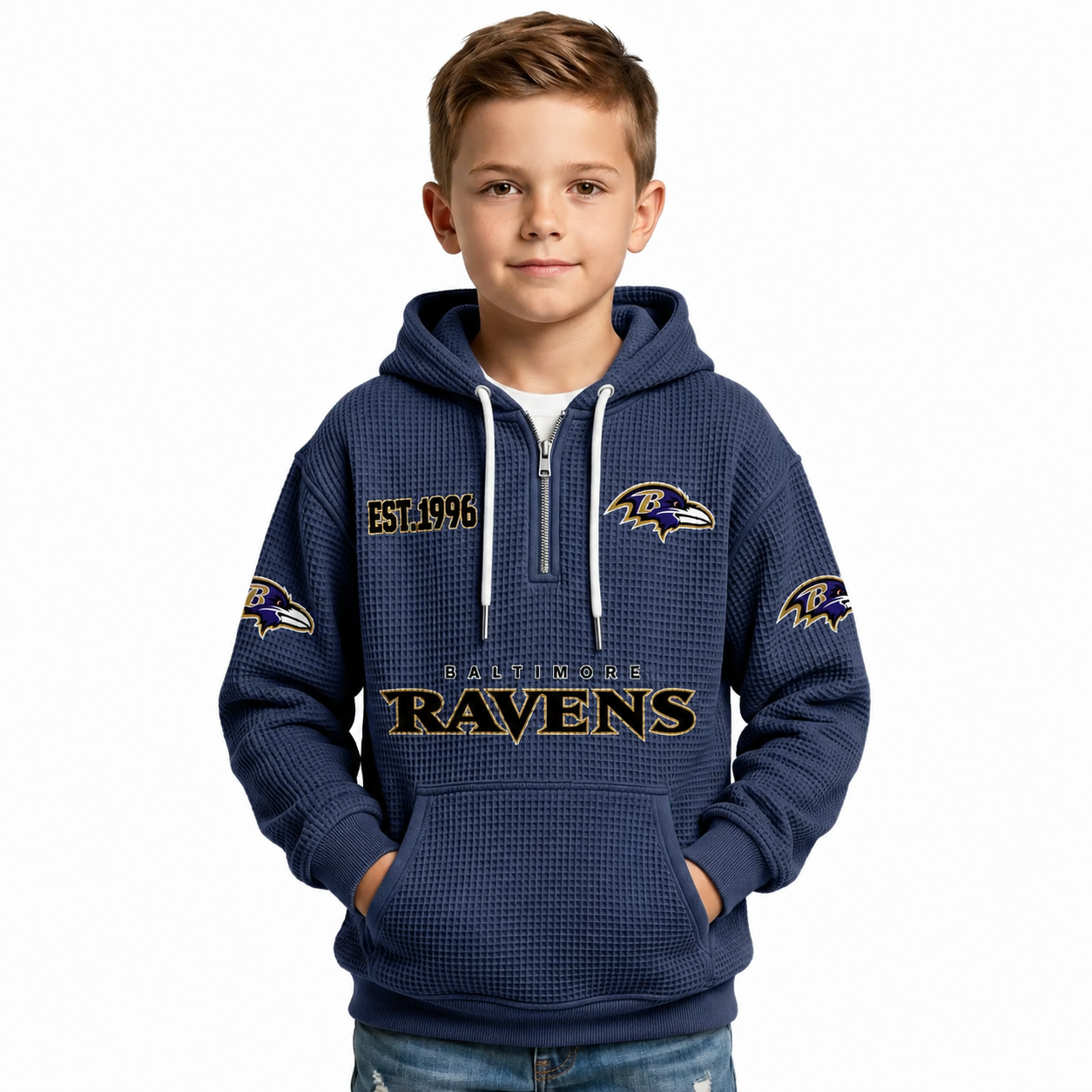 Baltimore Ravens EST 1996 Printed Quarter Zip Waffle Kids Football Fan Hoodie
