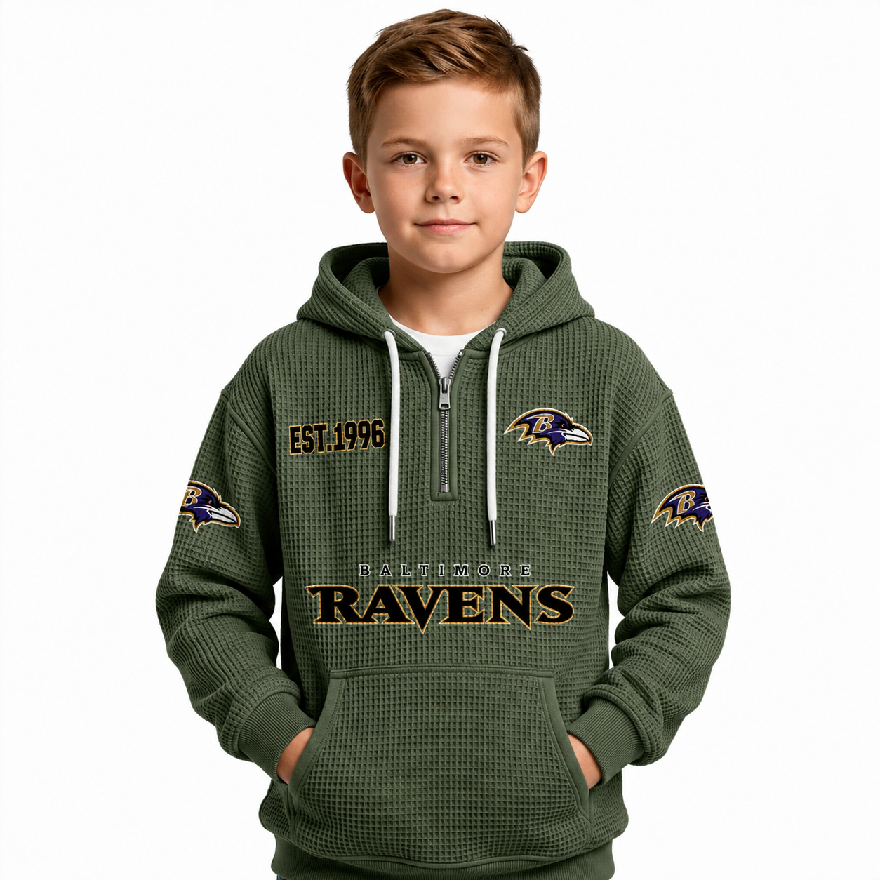 Baltimore Ravens EST 1996 Printed Quarter Zip Waffle Kids Football Fan Hoodie