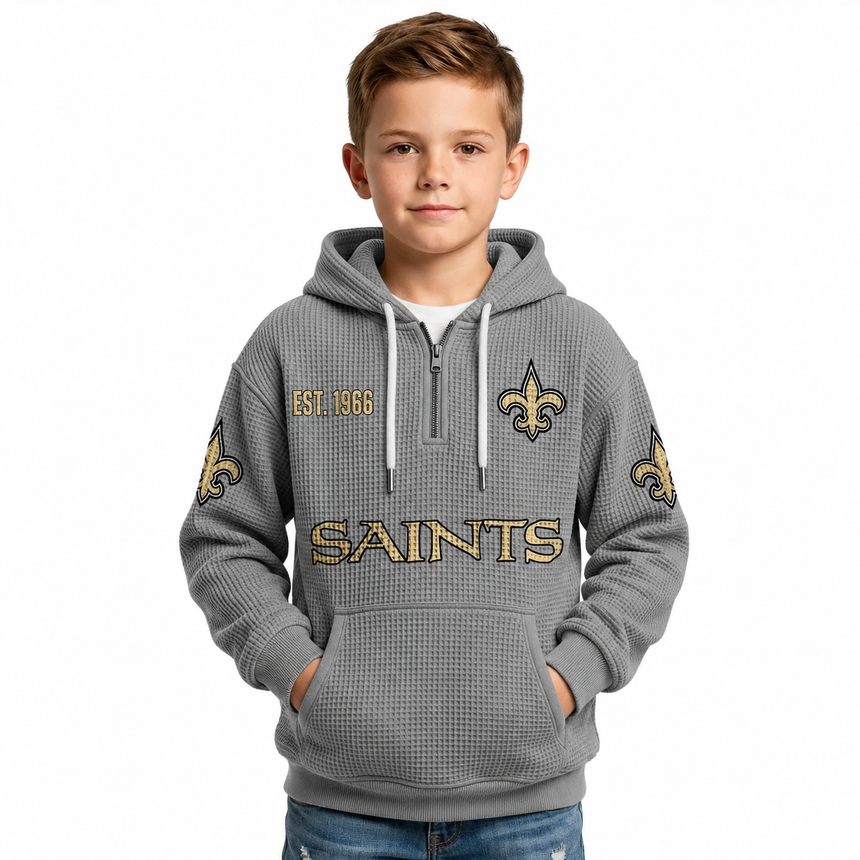 Orleans Saints EST 1966 Waffle Quarter Zip Kids Football Fan Hoodie