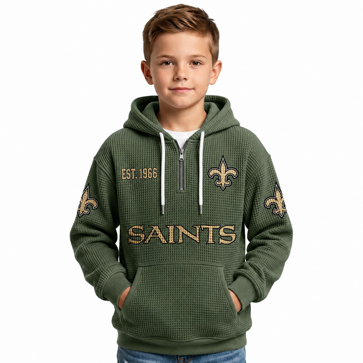 Orleans Saints EST 1966 Waffle Quarter Zip Kids Football Fan Hoodie