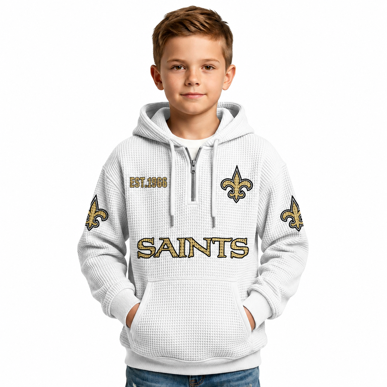 Orleans Saints EST 1966 Waffle Quarter Zip Kids Football Fan Hoodie