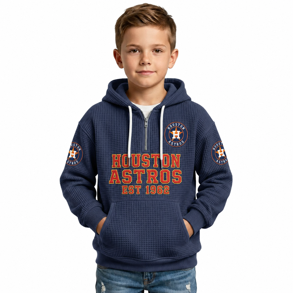 Houston Astros EST 1962 Kids Baseball Fan Printed Waffle Quarter Zip Hoodie