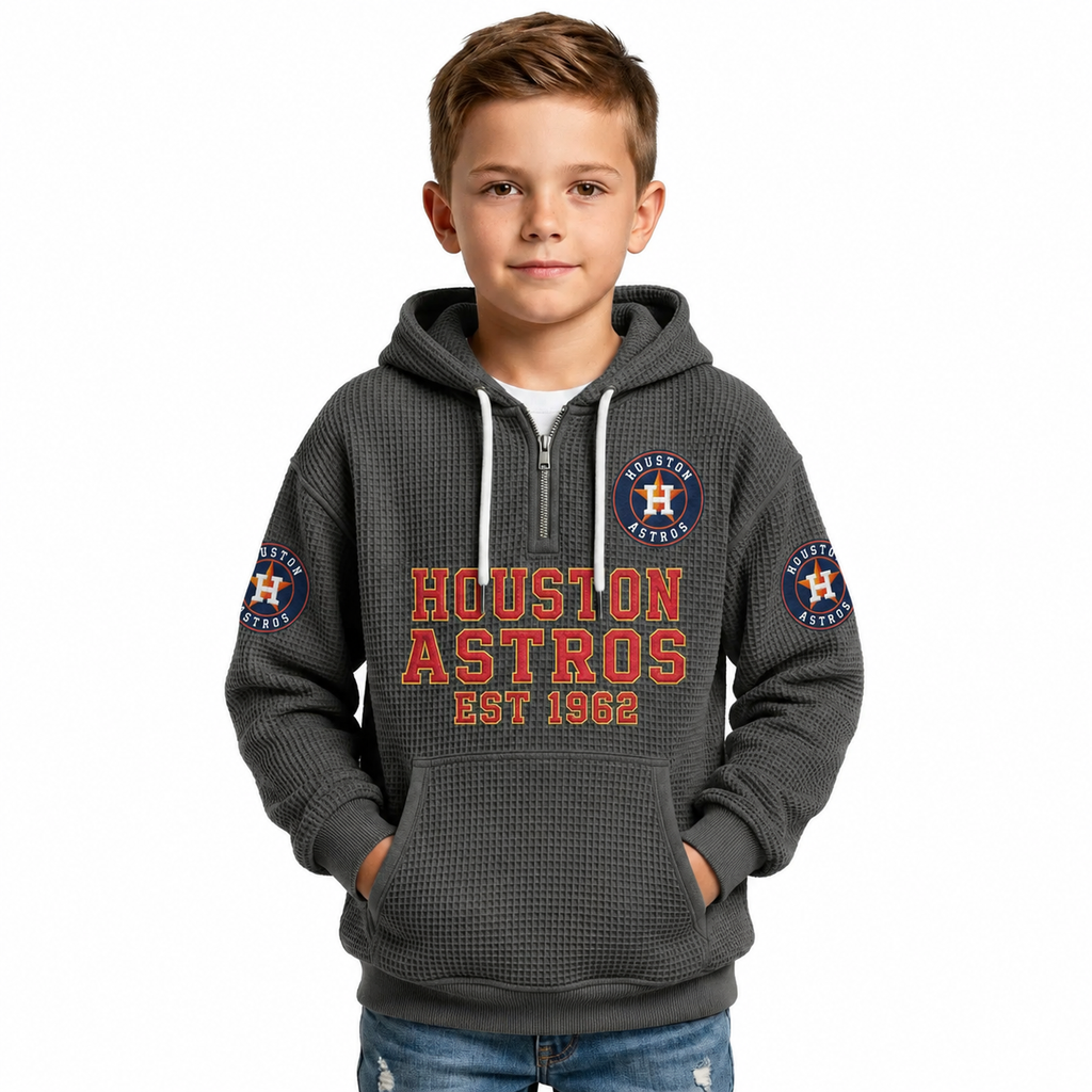 Houston Astros EST 1962 Kids Baseball Fan Printed Waffle Quarter Zip Hoodie