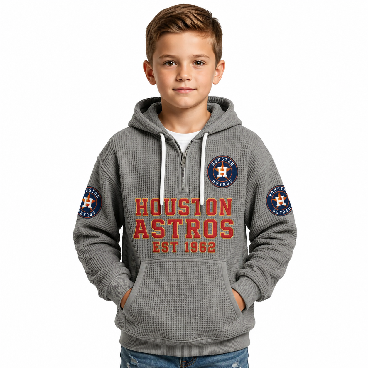 Houston Astros EST 1962 Kids Baseball Fan Printed Waffle Quarter Zip Hoodie